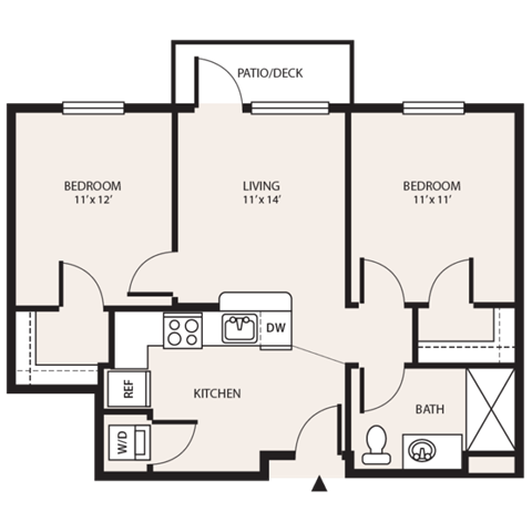 Floor plan for 2 beds, 1 bath, 719 sqft